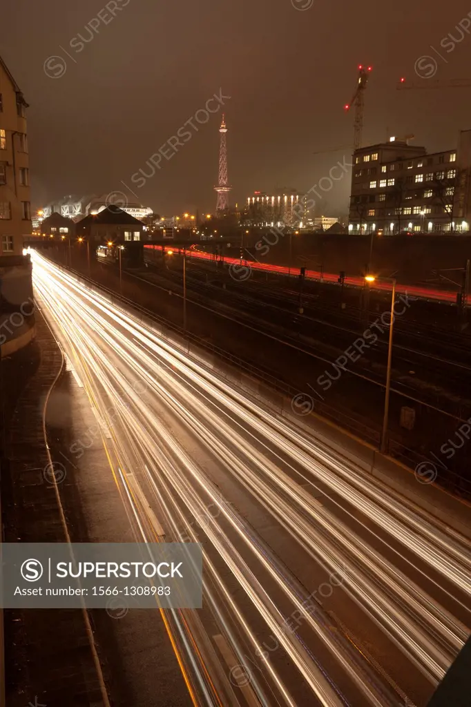 Standig highway at night ,with Radio Tower Berlin in the background,Berlin,Germany.