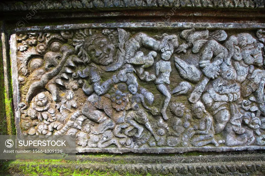Ornamental Reliefs. Pura Dalem Agung Temple. Monkey Forest, Ubud, Bali, Indonesia.