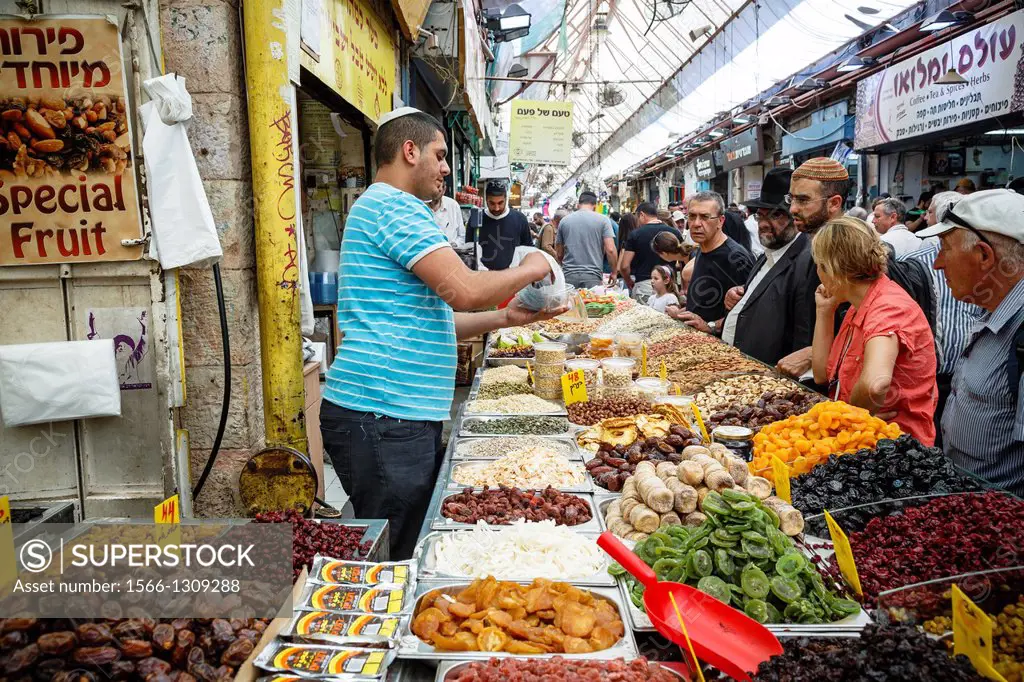 Dry fruits stall at Mahane Yehuda market, Jerusalem, Israel.