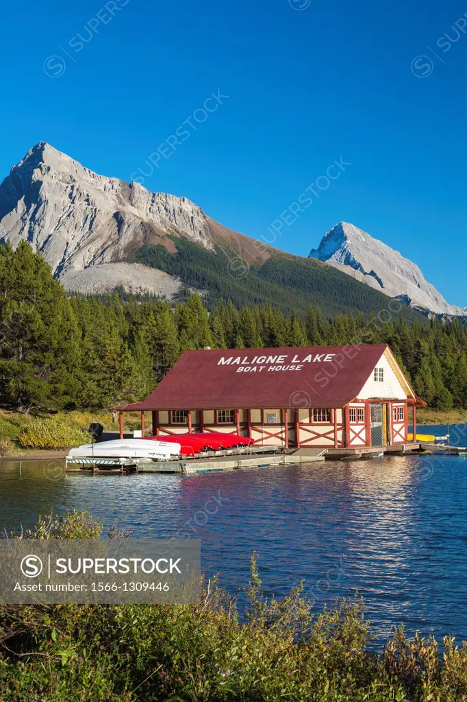 Boathouse at Maligne Lake in the Canadian Rocky Mountains, Jasper National Park, Alberta, Canada