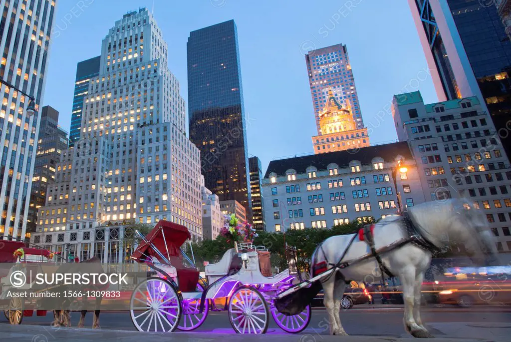 Horse carriage iluminated, next to Central Park, Fifth Avenue, 59street, Manhattan, New York, New York City, United States, USA.