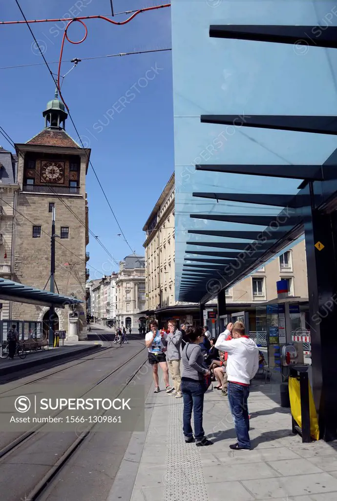 Bel Air, the most popular trams, buses, trolleybuses station in Geneva located on a small island on Rhone river in center of the town, Geneva, Switzer...