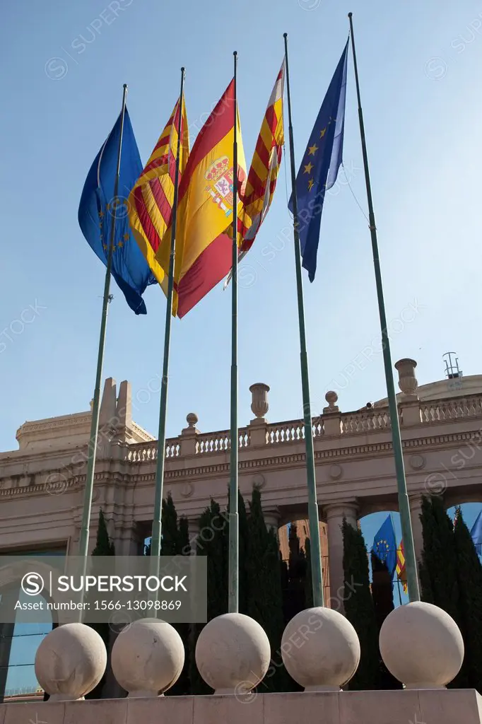 Spanish flags along with european union flag in Barcelona Spain.