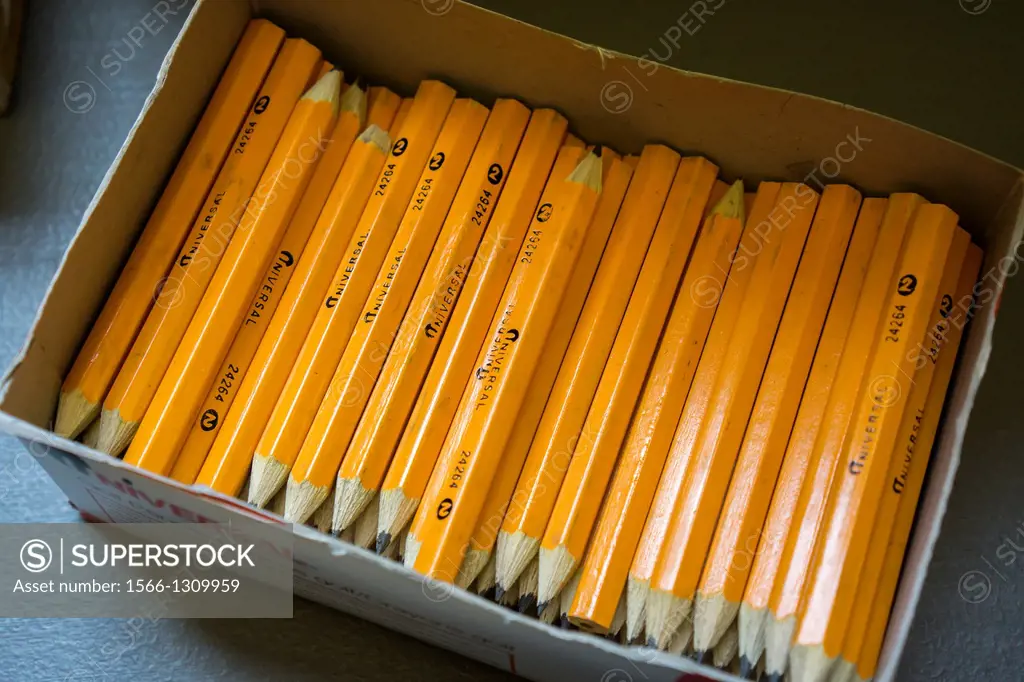 A box of pencils used to fill out forms and surveys in New York