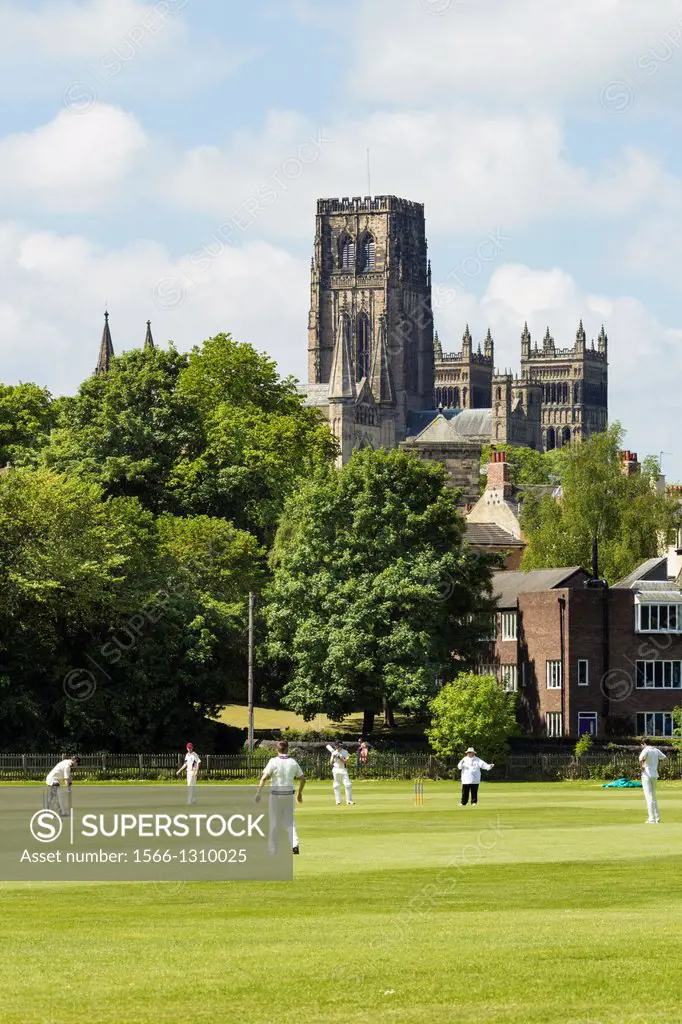 Cricket match on The Racecourse near Durham Cathedral. Durham, England, United Kingdom.