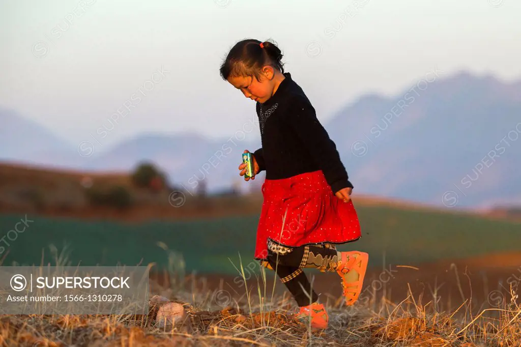 China, Yunnan Province , Kunming Municipality , Dongchuan District , Red soils , terrace cultivation , Gouditang village , girls playing.
