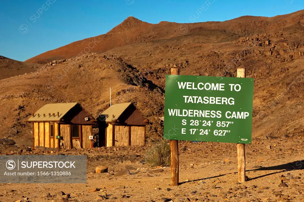 Welcome sign with GPS location information at the entrance to the Tatasberg Wilderness Camp, Richtersveld Transfrontier National Park, Northern Cape P...