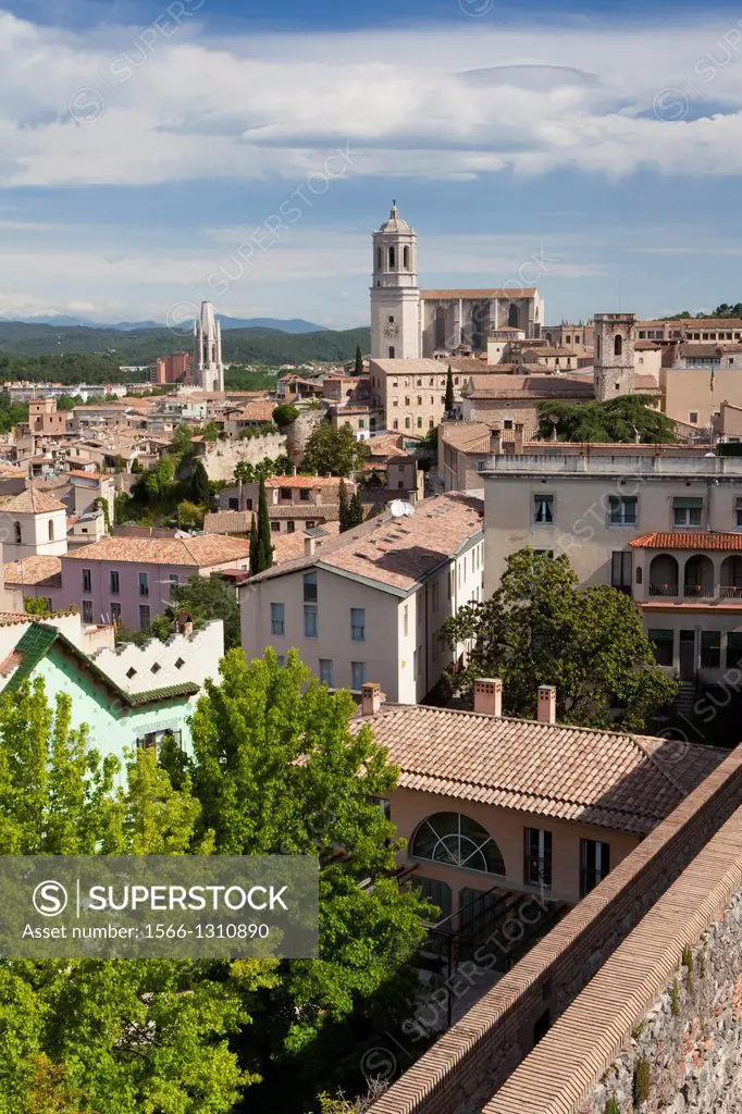 View of the Cathedral from the walls of Girona, Girona, Spain.