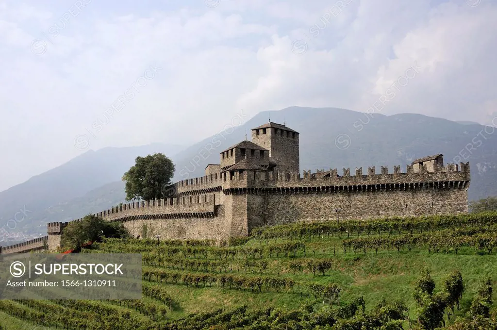 Montebello castle located on a rocky hilltop east of town is connected to Castelgrande by the city walls - Bellinzona is the administrative capital of...