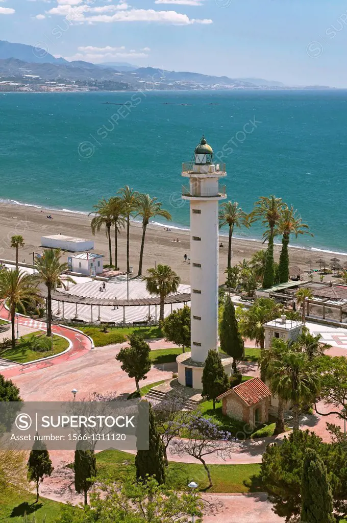 Beach and the lighthouse, Torre del Mar, Malaga-province, Andalusia, Spain, Europe.