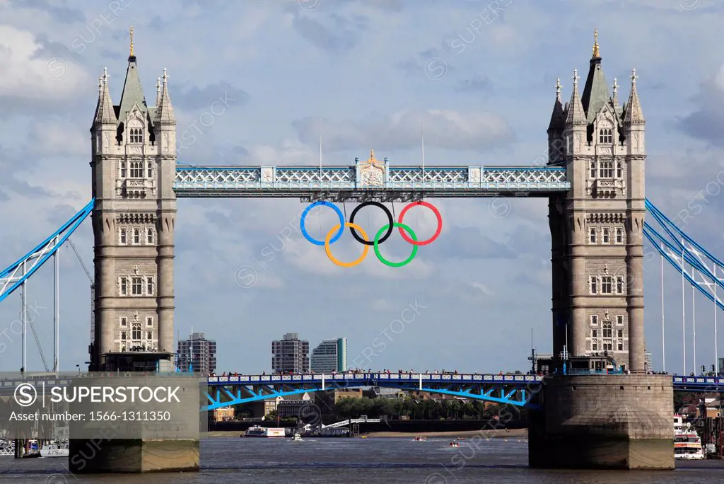 Tower Bridge sporting the Olympic Rings in 2012, London, England, Europe.