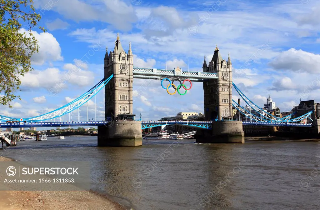 Tower Bridge with the Olympic Rings crossing the Thames in 2012, London, England, Europe.