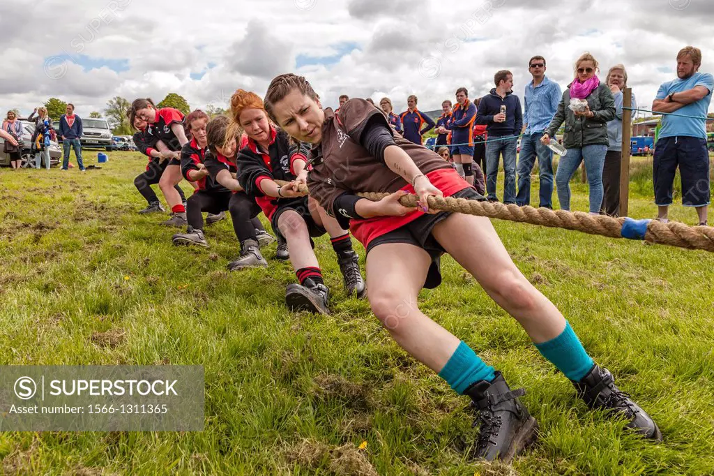Women taking part in a tug of war competition, Scotland, UK.