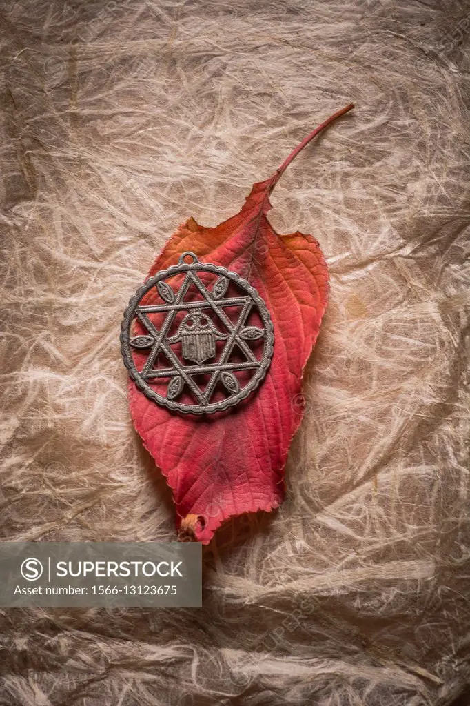Hidusim star symbol over an autumn leaf.