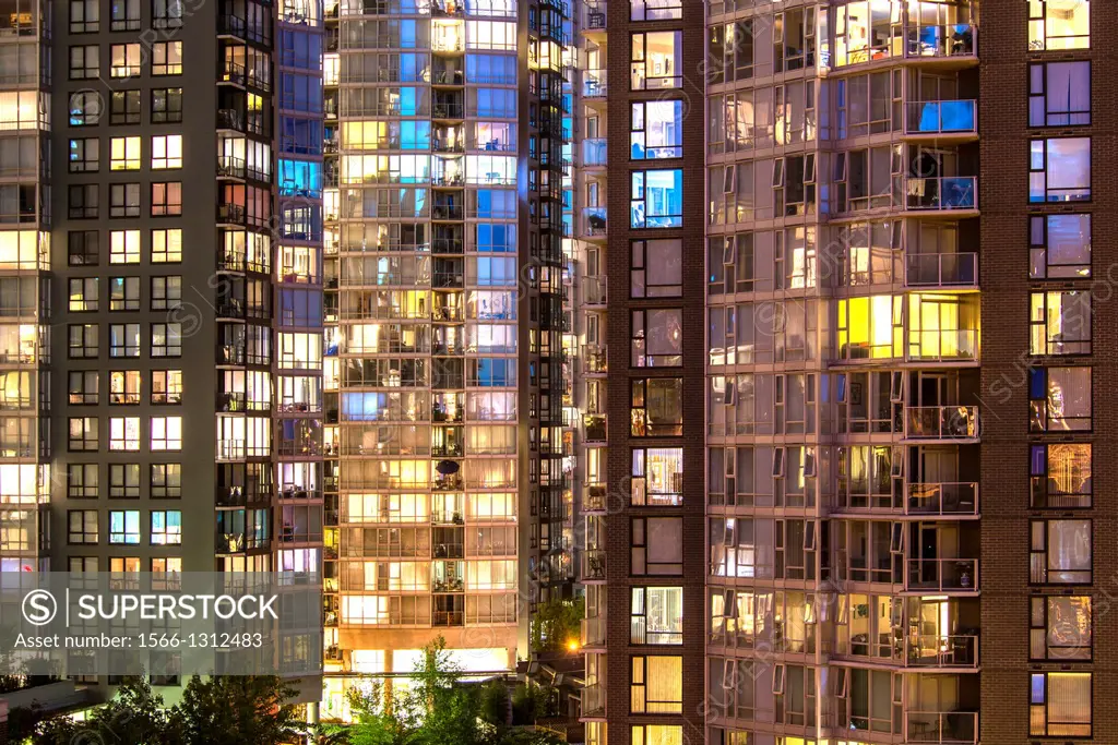 apartment buildings at night on the north shore of False Creek, Vancouver, BC, Canada.