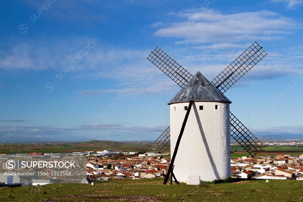 Typical windmills in Campo de Criptana village, in the Route of Don Quiijote, Ciudad Real province, Castilla-La Mancha, Spain.