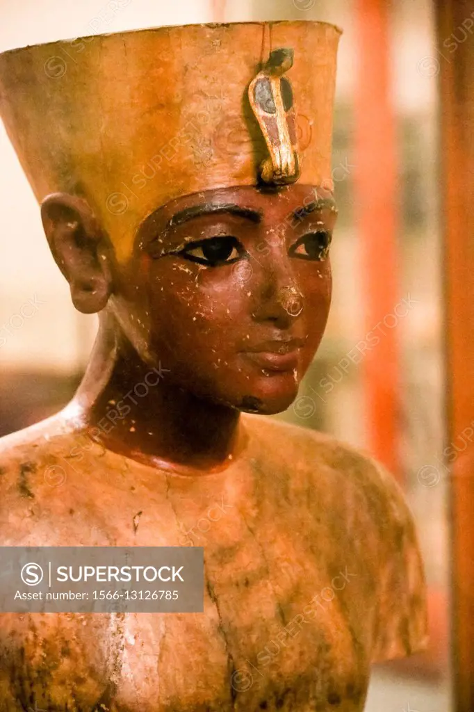 Dummy head of the young king, made from stuccoed and painted wood, from the tomb of the pharaoh Tutankhamen, discovered in the Valley of the Kings, Th...