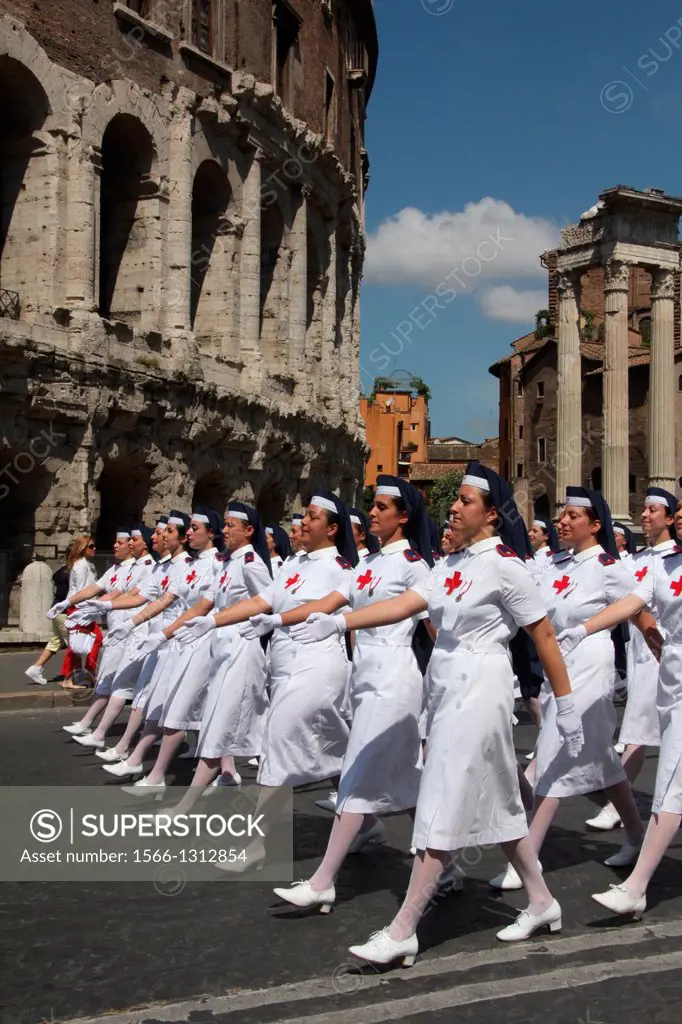 2nd June 2013 - Red Cross nurses marching past the Theatre of Marcellus at the Italian Republic Day parade in rome italy.