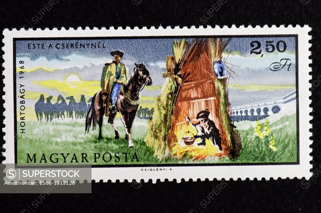 This is the Hortobagy series hungarian postage stamps showing the hungarian horsesmen doing the every day jobs.Here they are on guard through the nigh...