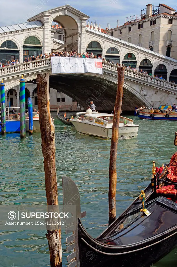 Venice (Italy). Gondola and Rialto Bridge on the Grand Canal in Venice.