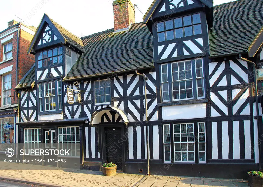 The black and white Tudor House Tea Rooms in the High Street Cheadle Staffs Staffordshire England UK.