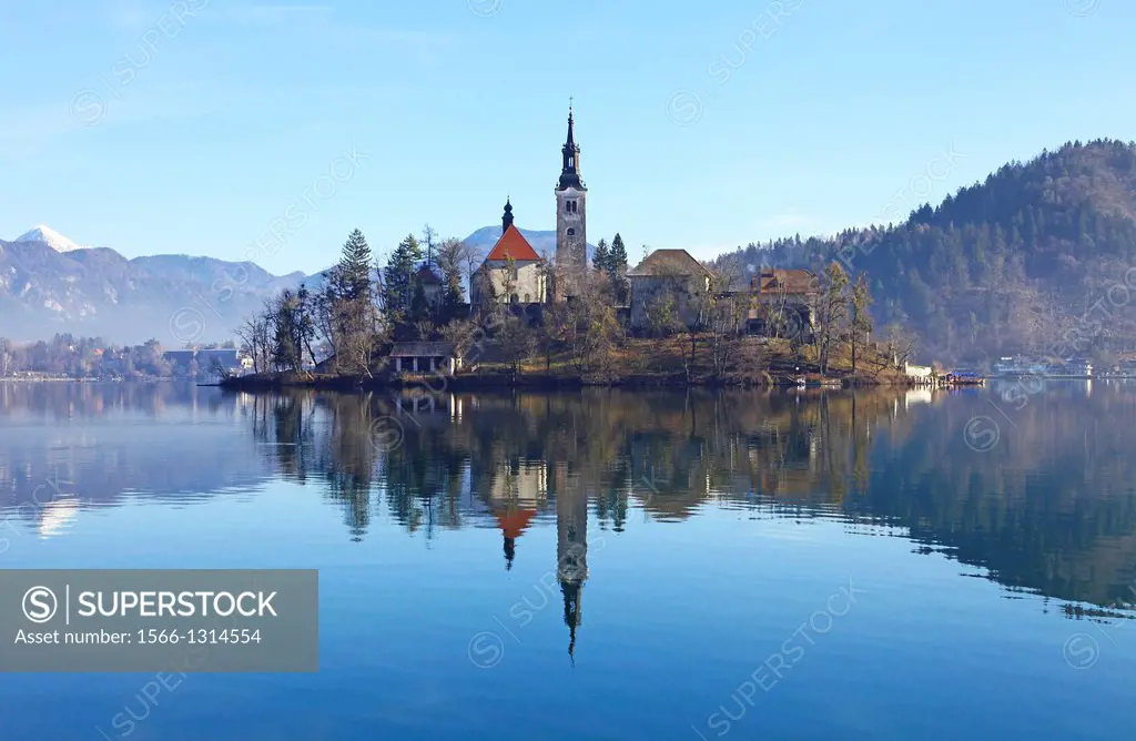 The Pilgrimage Church of the Assumption of Mary on Bled Island Lake Bled Slovenia.