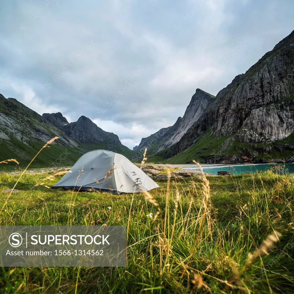 Tent camping at Horseid beach, Lofoten Islands, Norway.