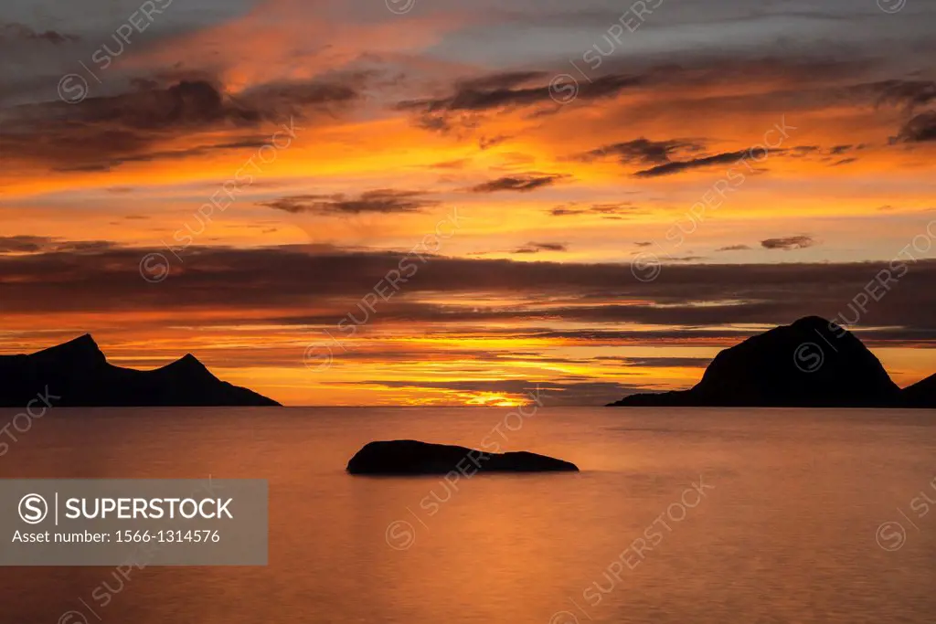 Colorful sunset at Haukland Beach, Vestvågøya, Lofoten Islands, Norway