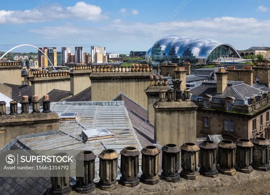 View of The Sage Gateshead building over old chimneys from The Tyne Bridge In Newcastle Upon Tyne, England, United, Kingdom.