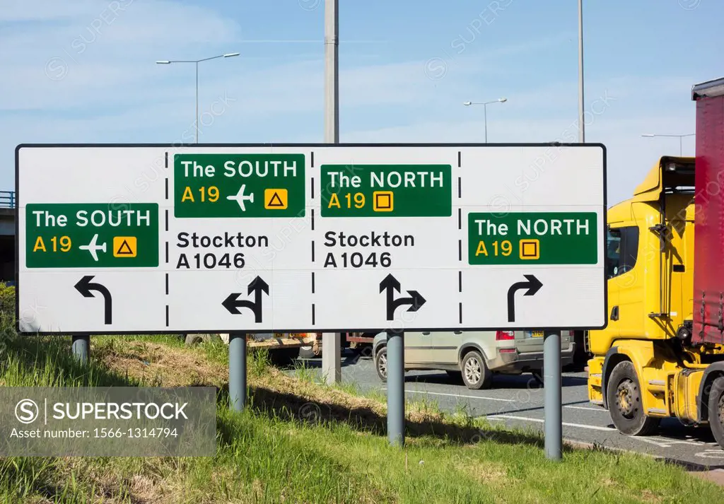 Road sign in England with directions to the north and south. England, United Kingdom.