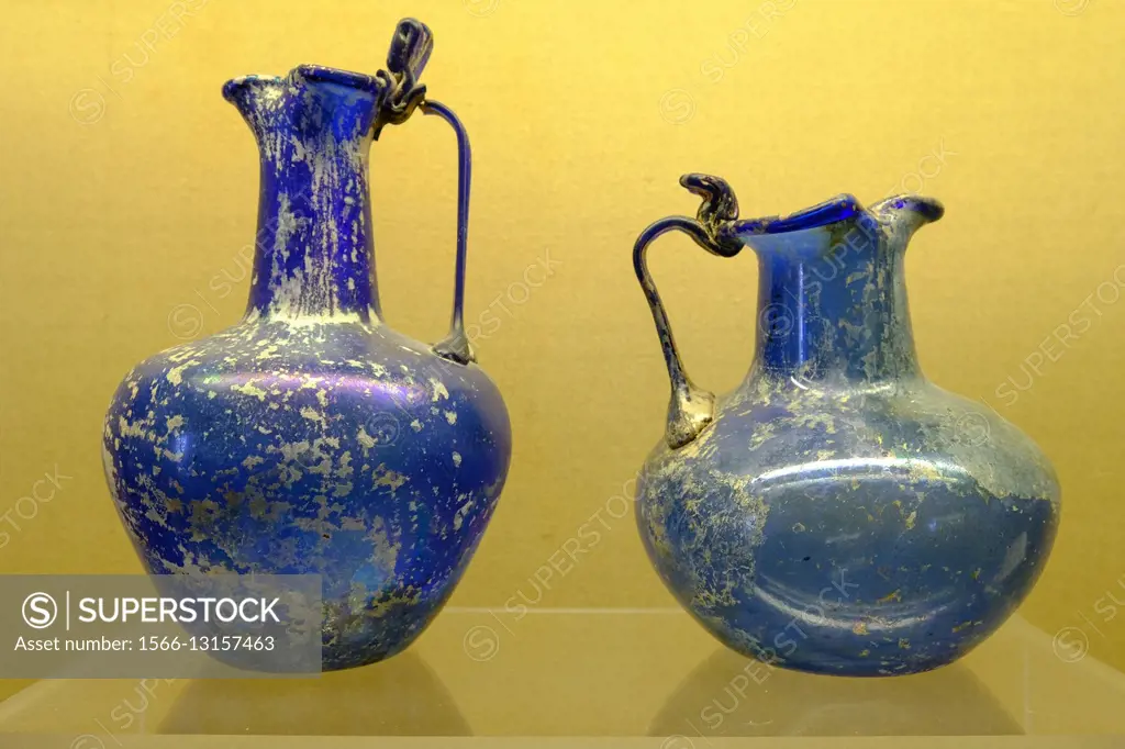 Blue glass vases from Pompeii, Naples National Archaeological Museum, Naples, Italy, Europe
