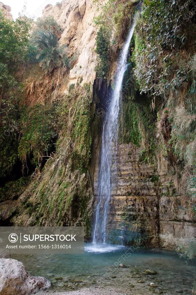 Waterfall at Wadi David, Ein Gedi nature reserve, Judean Desert, Israel.