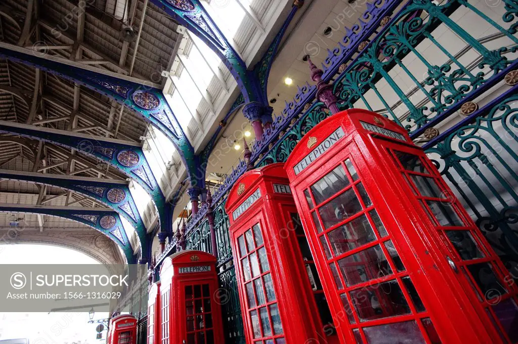 England, London, Smithfield Market, Red Telephone Box.