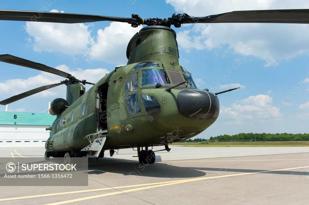 Gilze-Rijen, Netherlands. The CH47 Chinhook helicopter on a platform at Gilze-Rijen military airbase.