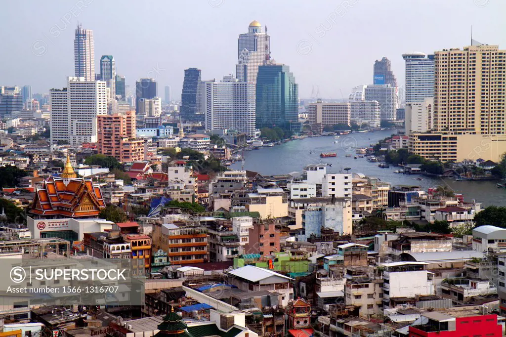 Thailand, Bangkok, Samphanthawong, Chinatown, aerial, view, buildings, urban, city skyline, skyscrapers, Chao Phraya River, temple.