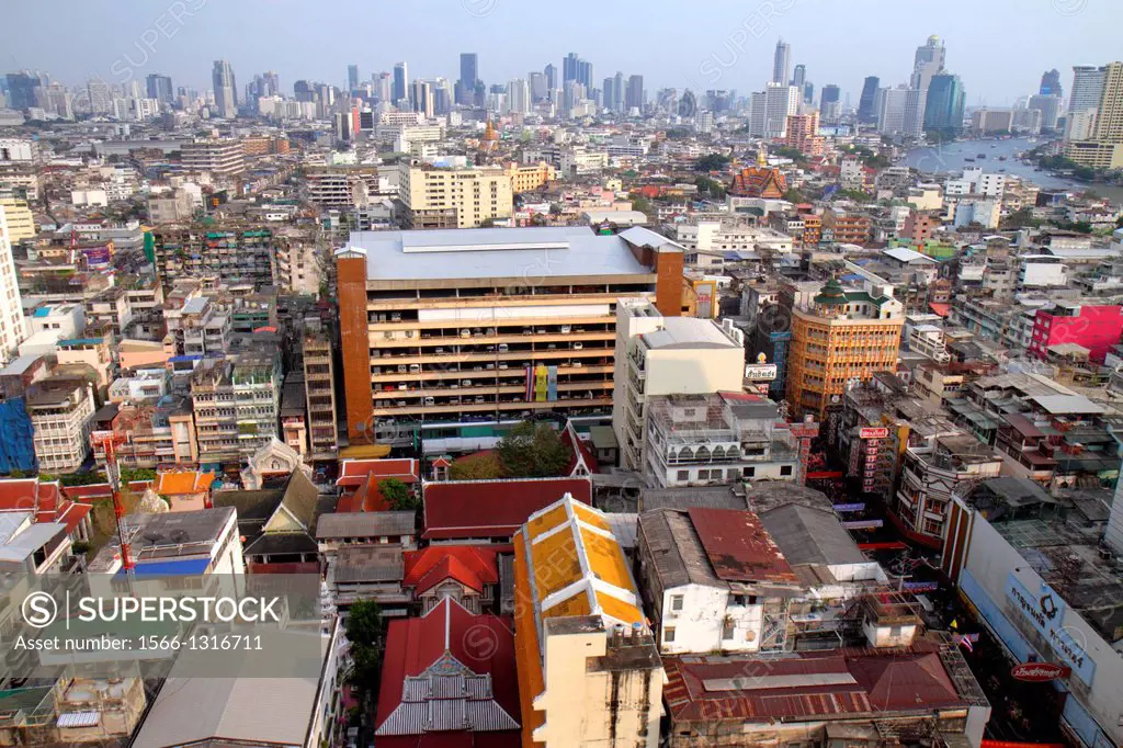 Thailand, Bangkok, Samphanthawong, Chinatown, aerial, view, buildings, urban, city skyline, skyscrapers, Chao Phraya River.
