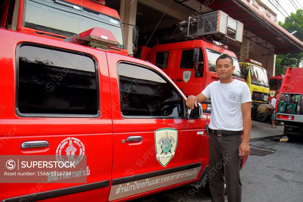 Thailand, Bangkok, Pom Prap Sattru Phai, fire department, fighter, truck, lorry, Asian, man.