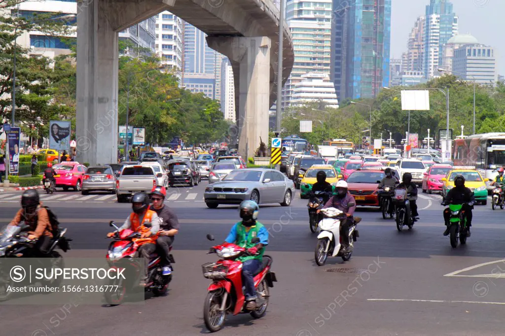 Thailand, Bangkok, Silom, Ratchadamri Road, Rama IV, Sala Deang Junction, intersection, Bangkok Mass Transit System, BTS Skytrain, traffic, motorcycle...