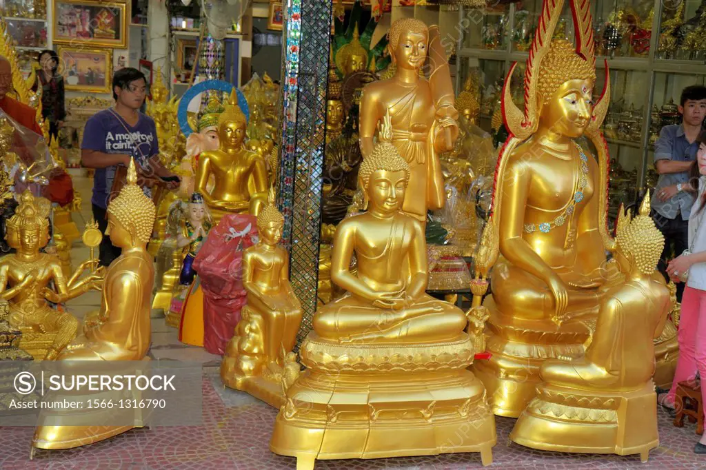 Thailand, Bangkok, Phra Nakhon, Charoen Krung Road, Buddha, Buddhist, statues, gold, religious.