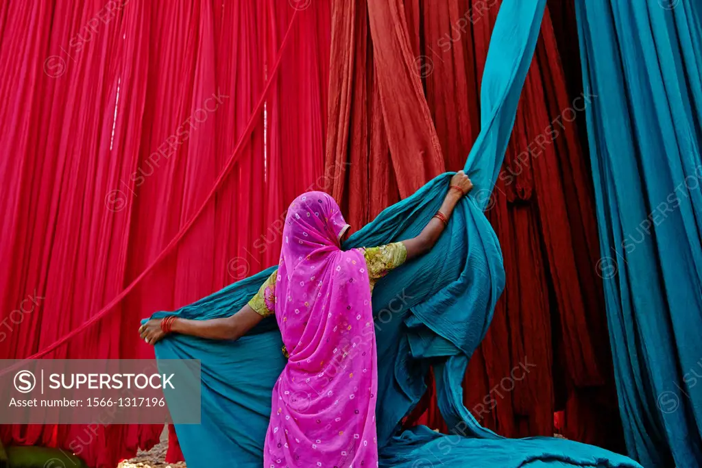 India, Rajasthan, Sari Factory, Textile are dried in the open air. Collecting of dry textile are folded by women and children. The textiles are hung t...
