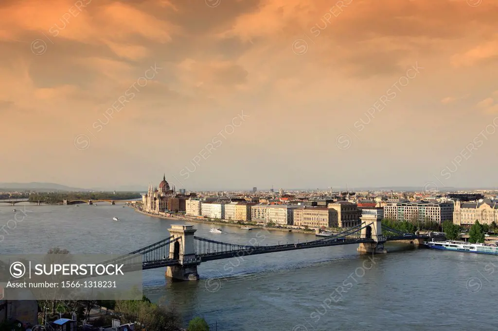 Chain bridge and cityscape, Budapest, Hungary.