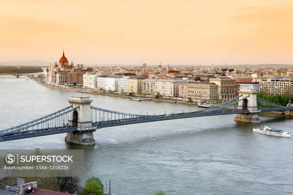 Chain bridge and cityscape, Budapest, Hungary.