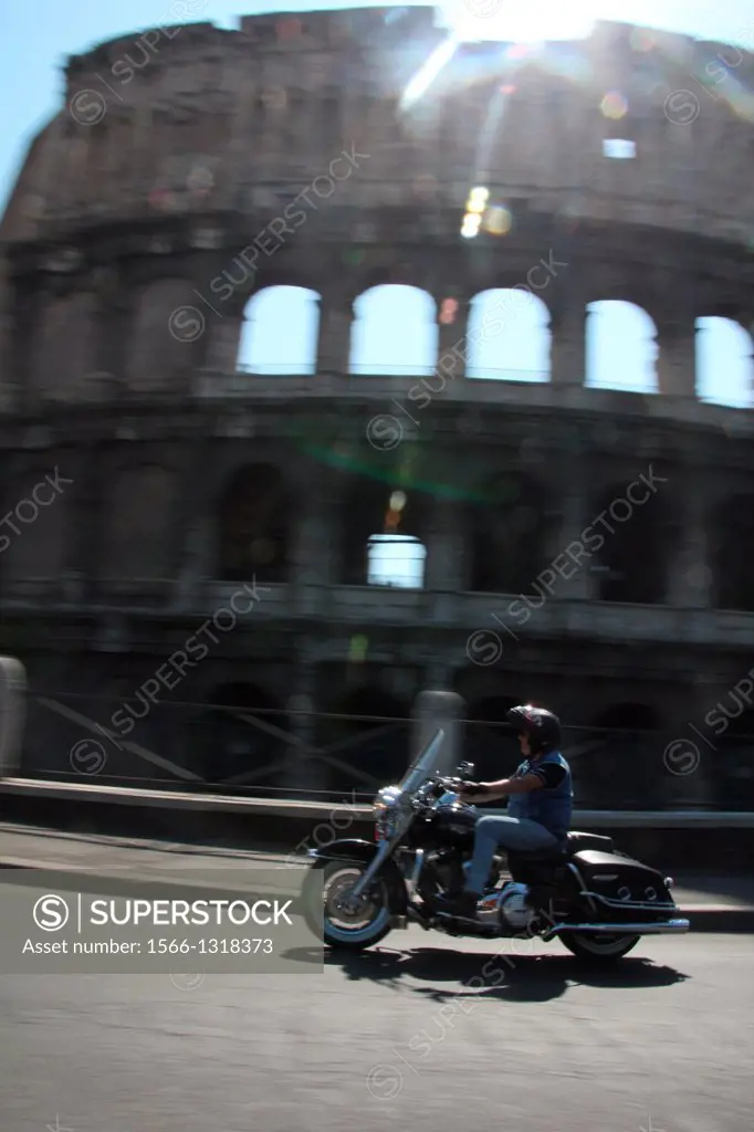 15 June 2013 Harley Davidson enthusiasts converge on the Colosseum in Rome Italy for HD110th Anniversary European Celebration.