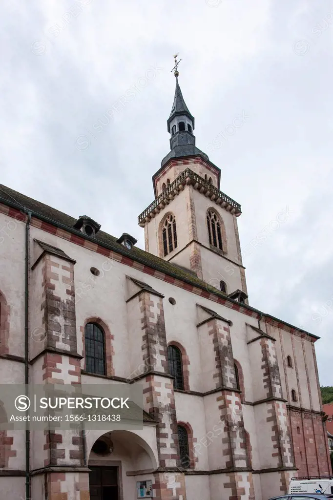 Facade & steeple of St. Pierre-et-Paul, Andlau, Bas-Rhin, Alsace, France