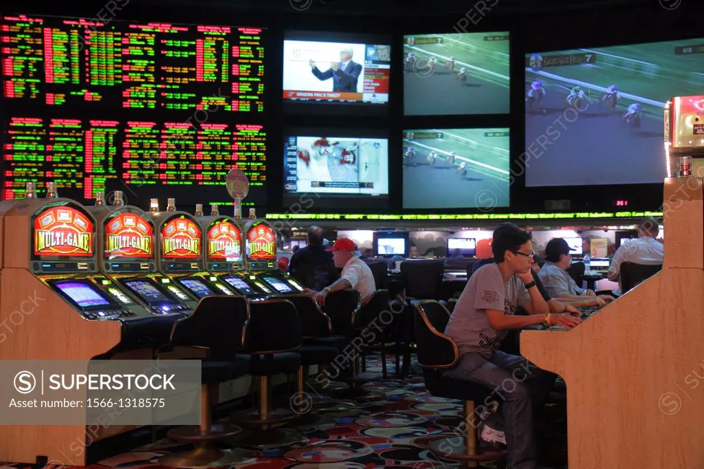 Nevada, Las Vegas, Las Vegas Hotel & Casino, LVH, race sports book, betting, odds, gamblers, gambling, monitors, big screens, slot machine, machines.