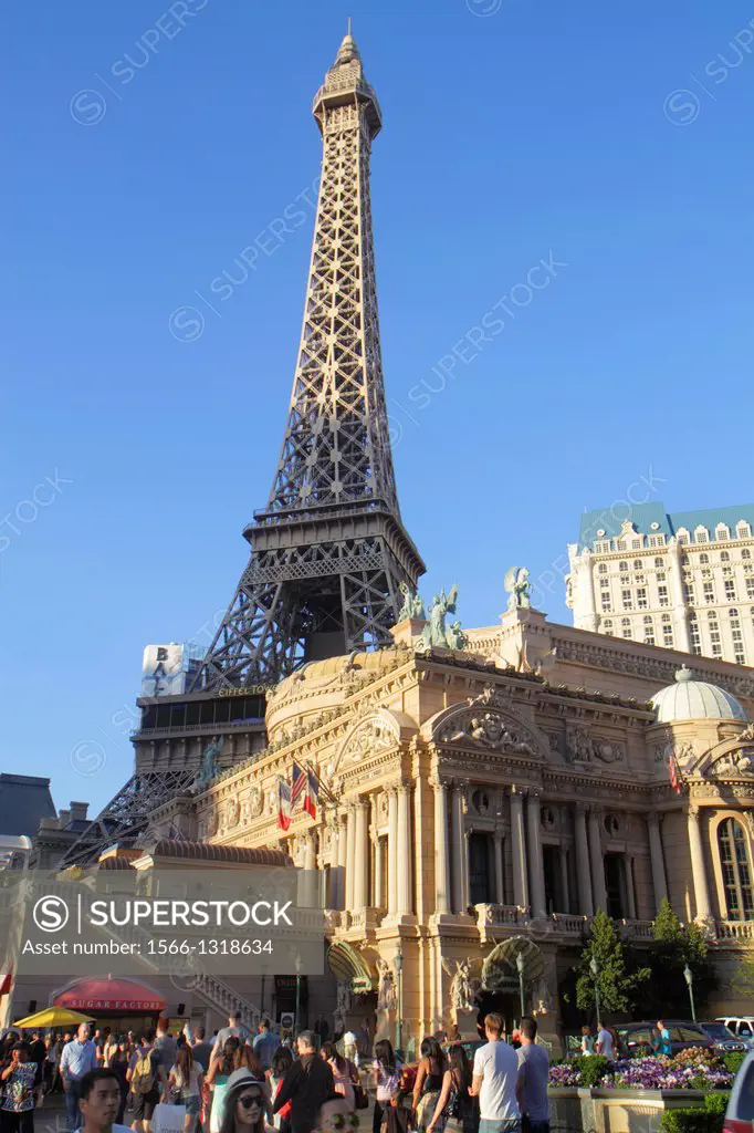 Nevada, Las Vegas, The Strip, South Las Vegas Boulevard, Paris Las Vegas Hotel and Casino, hotel, Eiffel Tower replica, street, pedestrians.