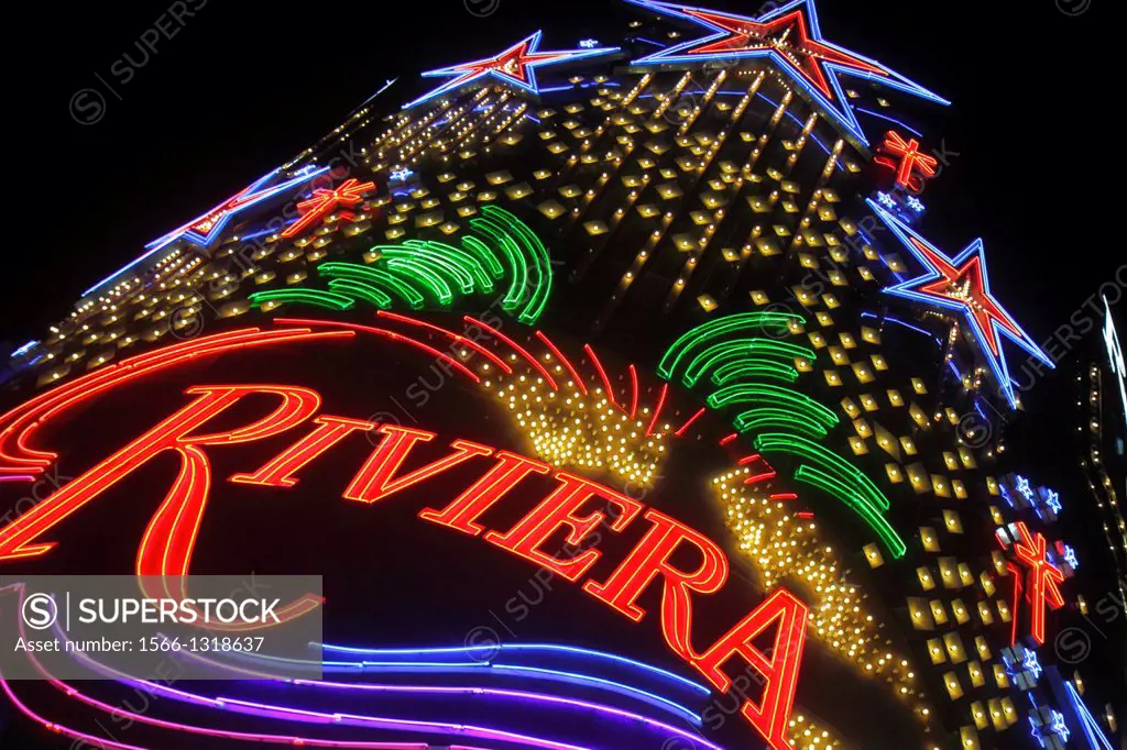 Nevada, Las Vegas, The Strip, South Las Vegas Boulevard, Riviera Casino & Hotel, neon sign, exterior, night, nightlife.