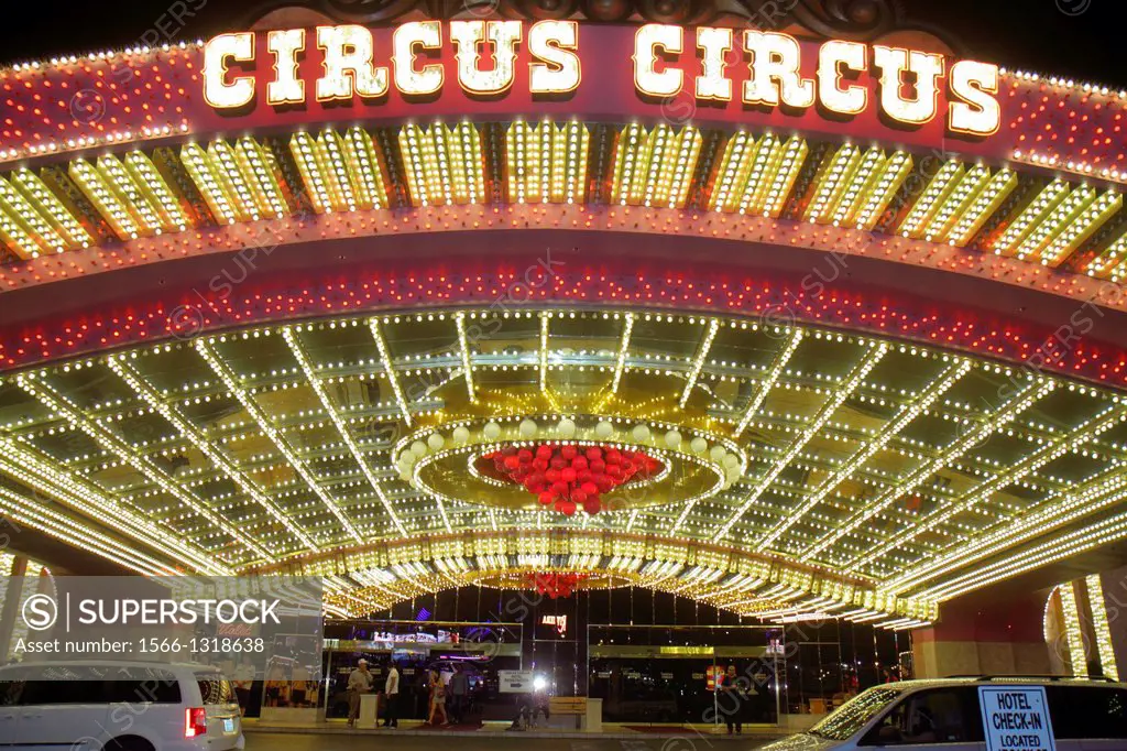 Nevada, Las Vegas, The Strip, South Las Vegas Boulevard, Circus Circus Hotel & Casino, front, entrance, lights.