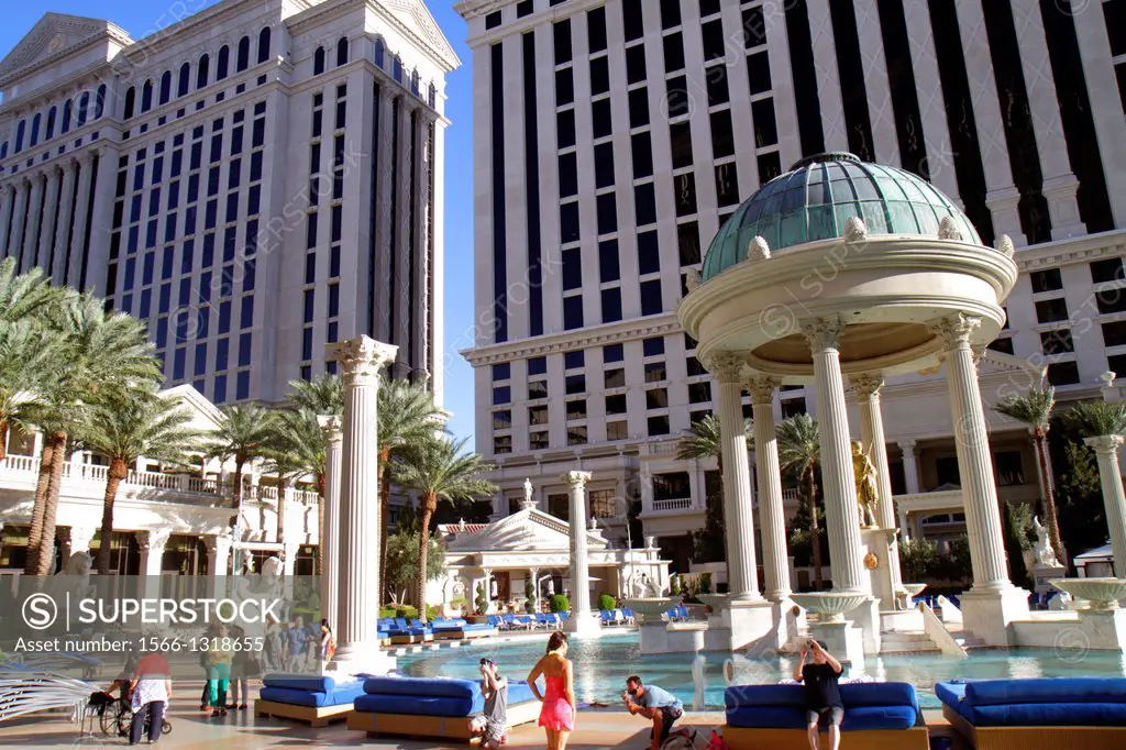 Nevada, Las Vegas, The Strip, South Las Vegas Boulevard, Caesars Palace Las Vegas Hotel & Casino, swimming pool area, columms, classical, Roman.
