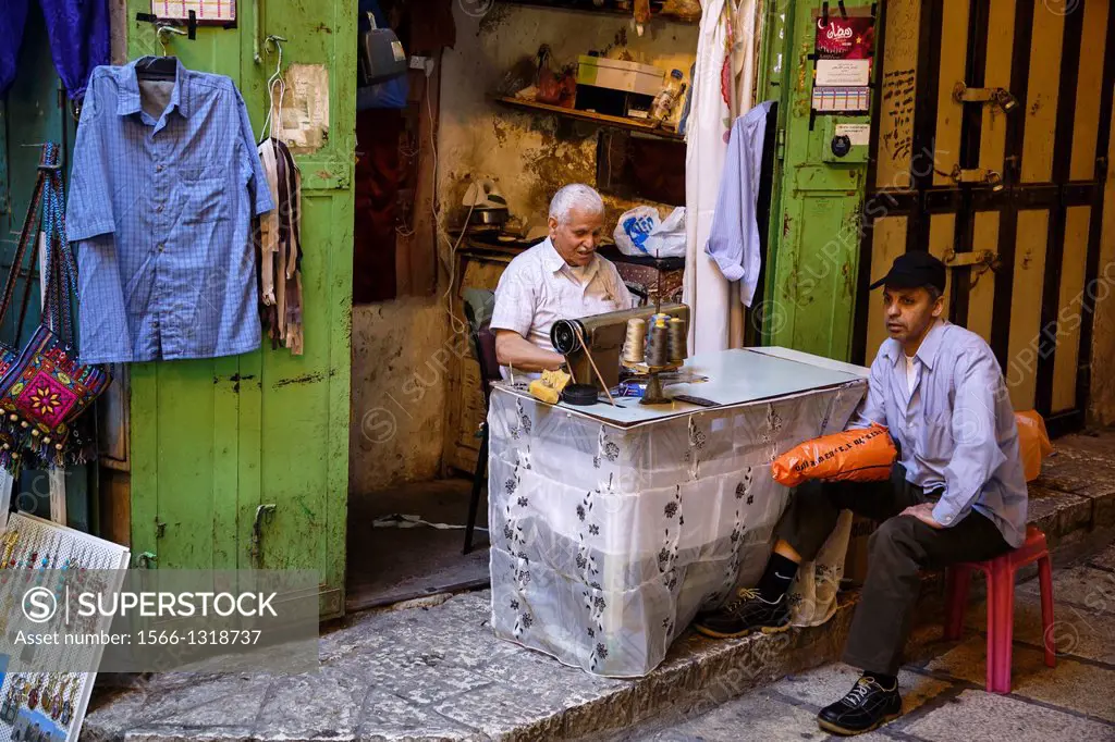 Tailor at the muslim quarter in old city, Jerusalem, Israel.